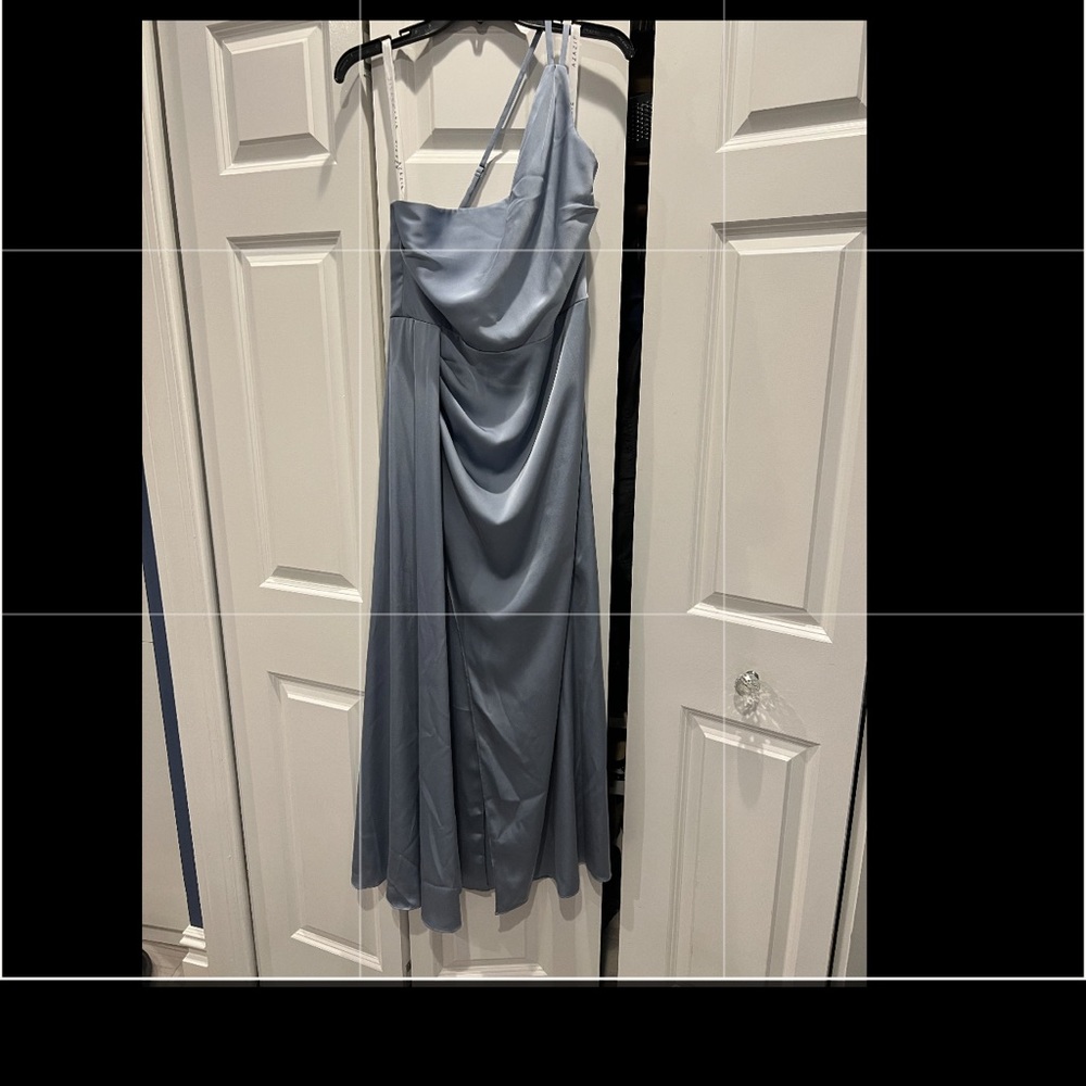 Beautiful silver blue long gown. One shoulder dress  with a slit